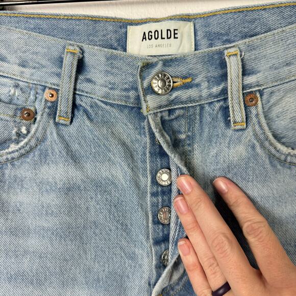 AGOLDE | Parker Cut Off High Rise Button Fly Distressed Light Wash Denim Shorts - Picture 5 of 8